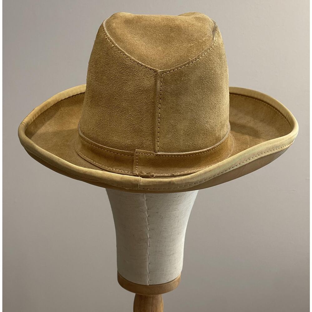 VTG Henschel Skullys Hat Cap Cowboy Men L Beige Suede Leather Lined Wide Brim - Picture 3 of 8